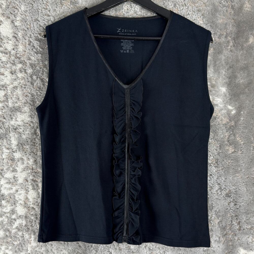 Zrinka Size XL Pima Cotton Ruffle V Neck Top Black Sleeveless Pullover
